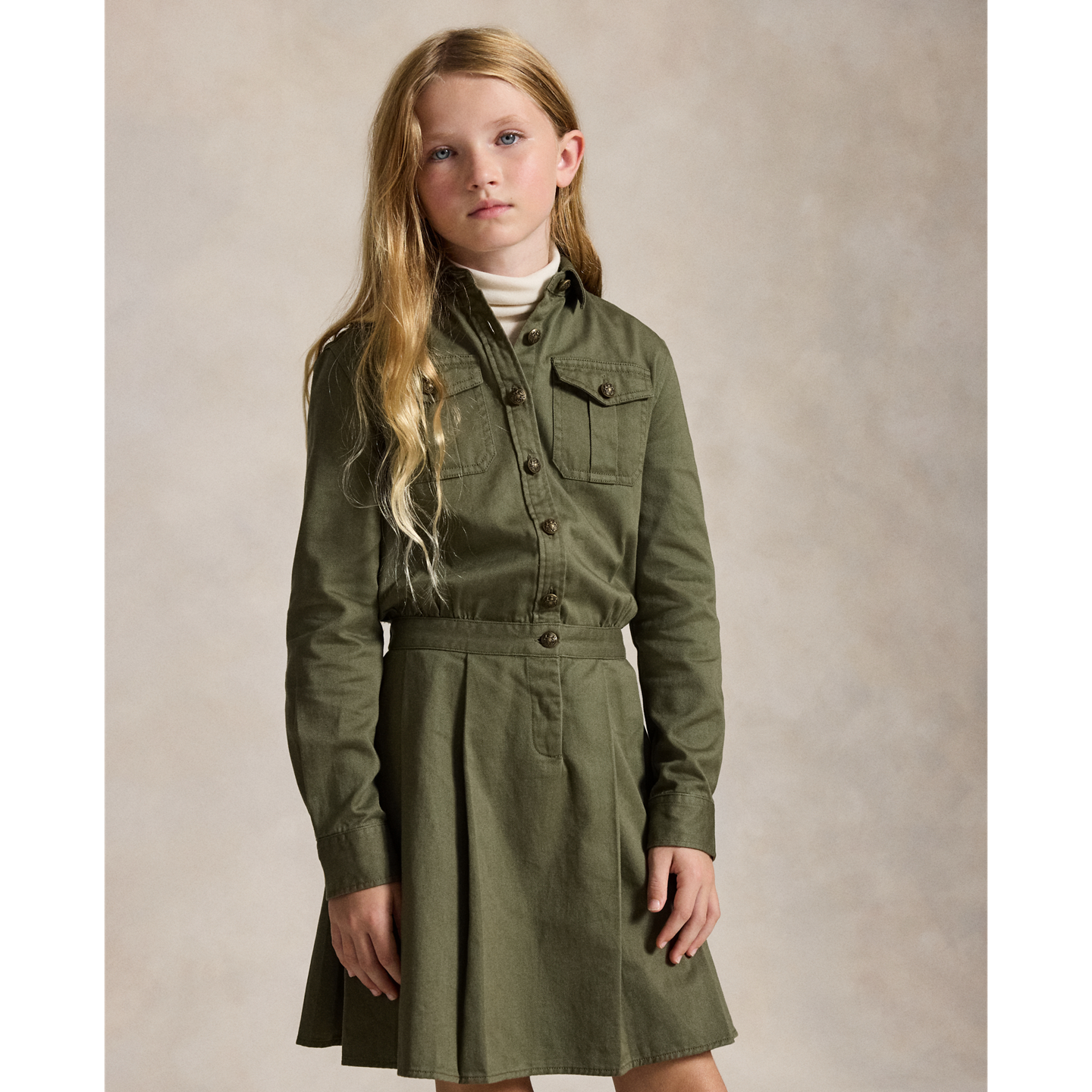Детское платье Ralph Lauren Pleated Cotton Twill Shirtdress, цвет: Оливковый — фото 2
