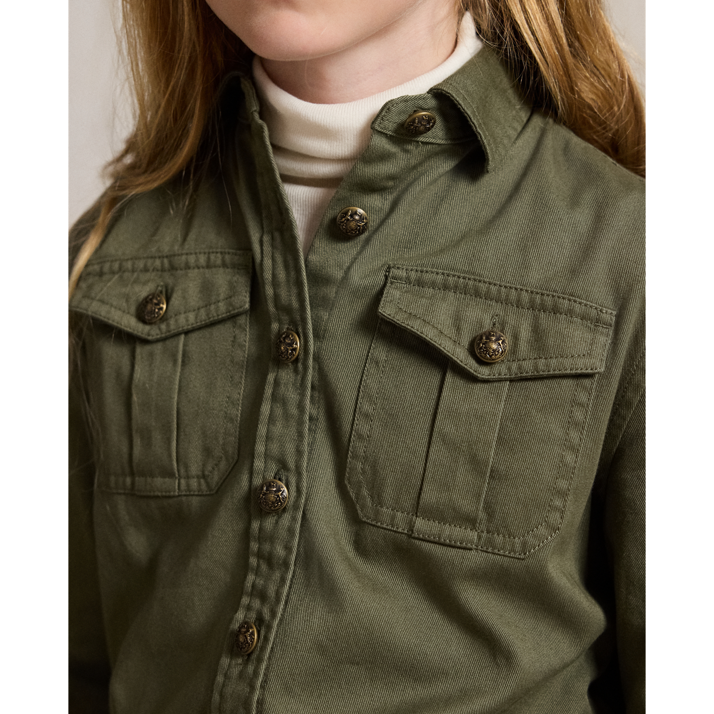 Детское платье Ralph Lauren Pleated Cotton Twill Shirtdress, цвет: Оливковый — фото 3