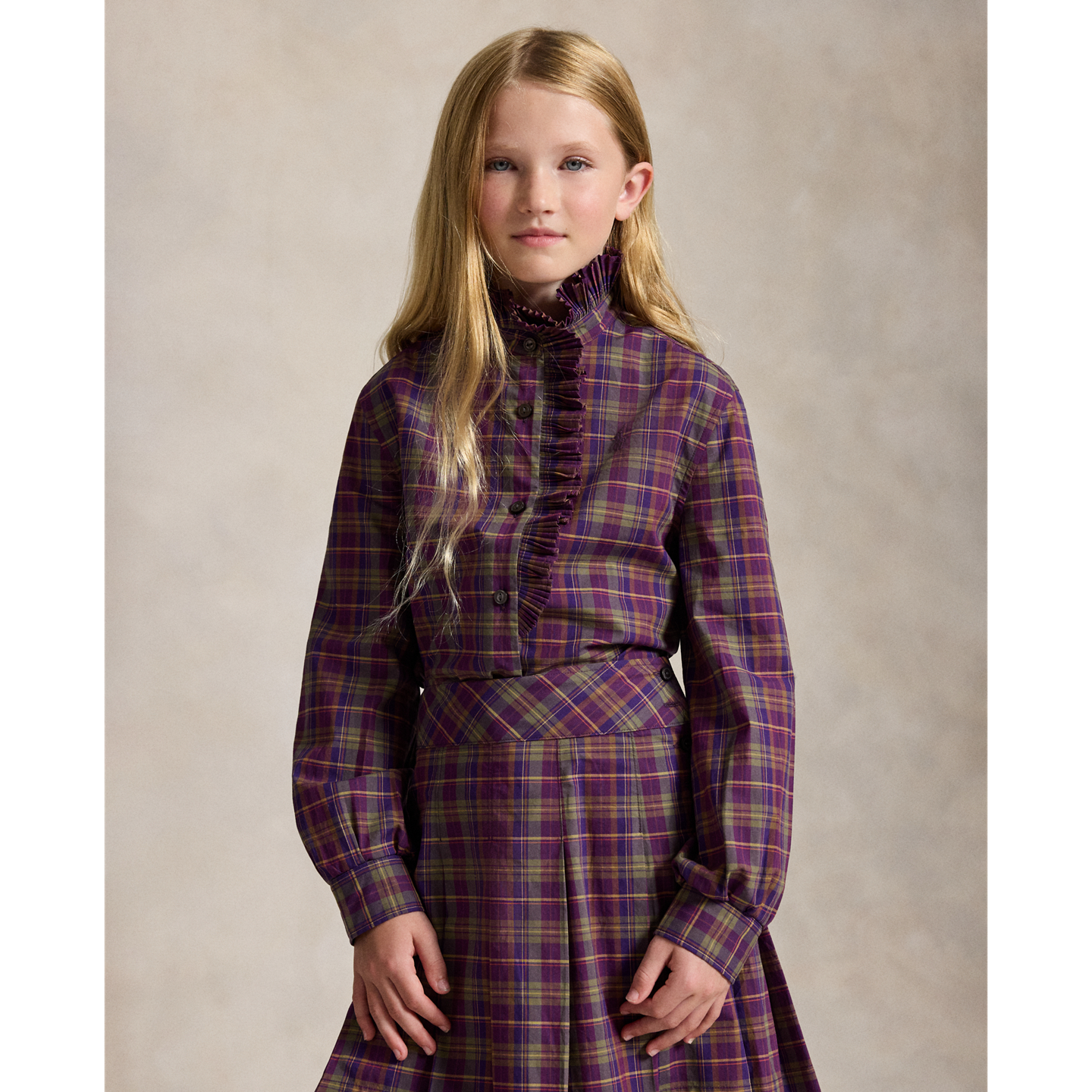 Детский топ Ralph Lauren Plaid Ruffled Cotton Poplin, цвет: Фиолетовый зелёный разноцветный клетчатый — фото 5