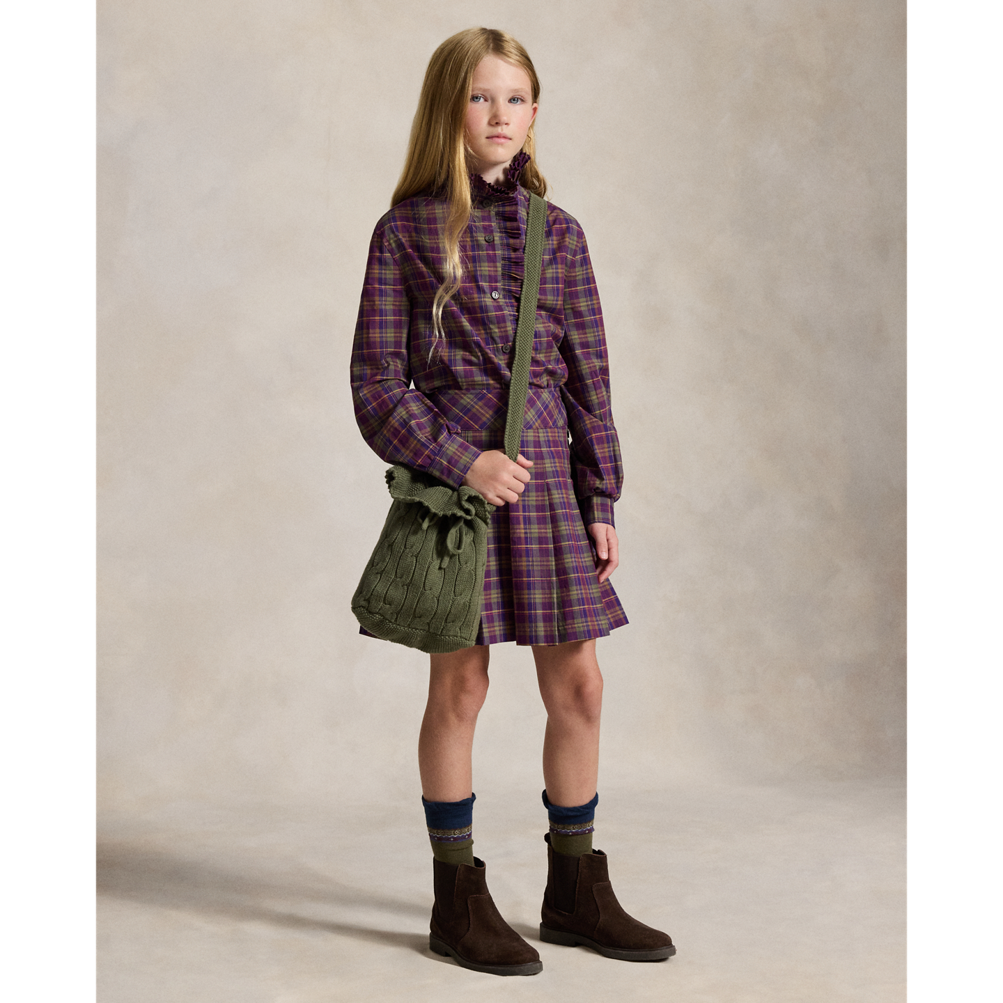 Детский топ Ralph Lauren Plaid Ruffled Cotton Poplin, цвет: Фиолетовый зелёный разноцветный клетчатый — фото 2