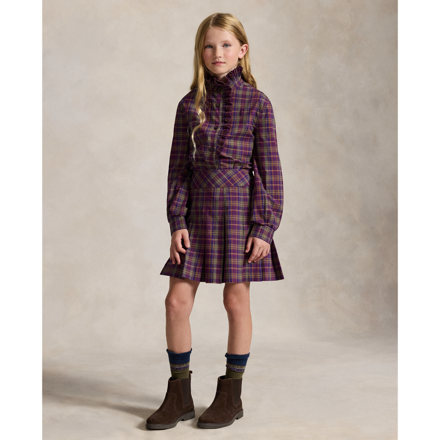 Детский топ Ralph Lauren Plaid Ruffled Cotton Poplin, цвет: Фиолетовый зелёный разноцветный клетчатый — фото 4