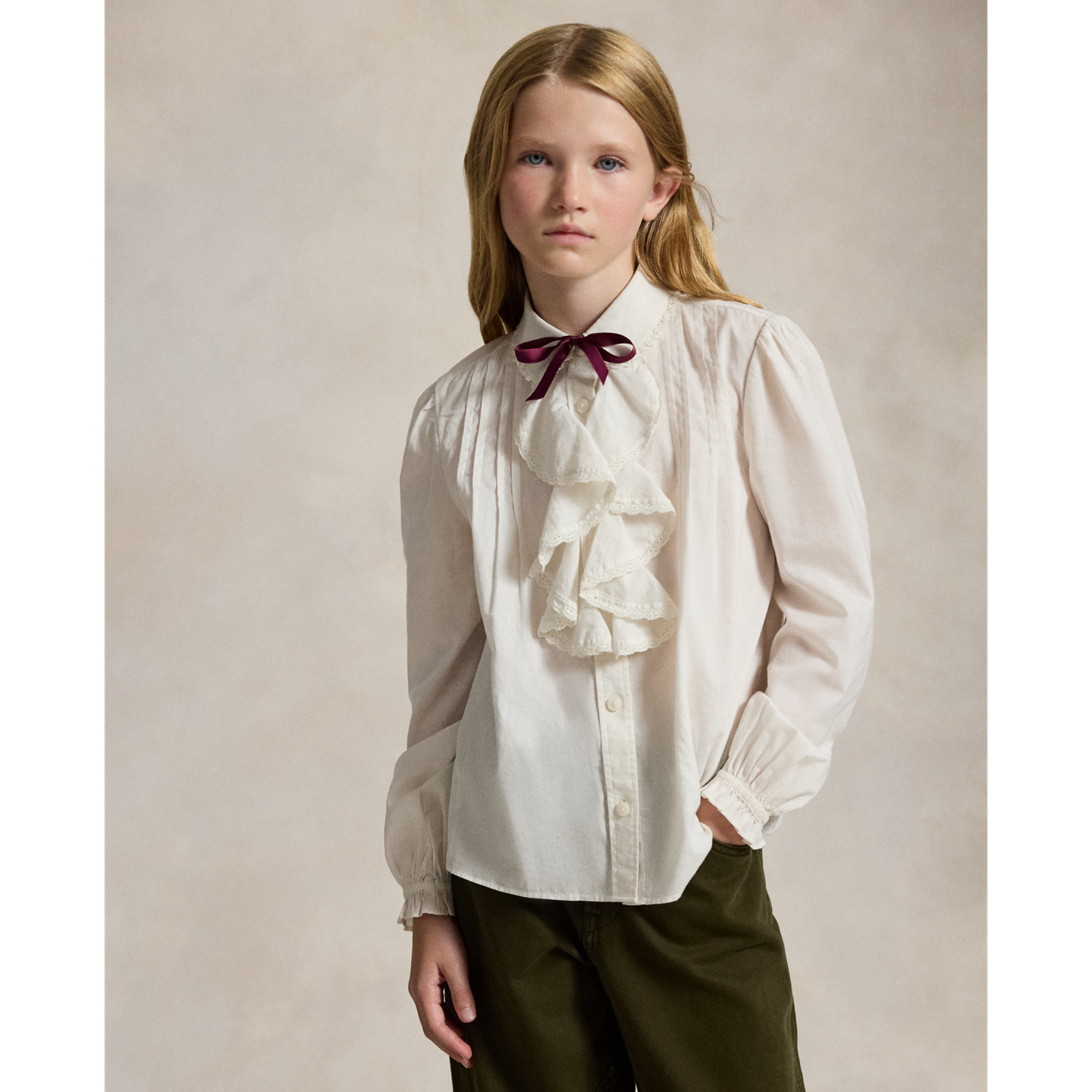 Детский хлопковый топ Ralph Lauren с оборками, цвет: Состаренный кремовый — фото 4