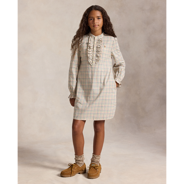 Ruffle-Trim Plaid Cotton Twill Dress