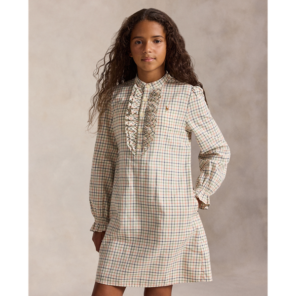Ruffle-Trim Plaid Cotton Twill Dress