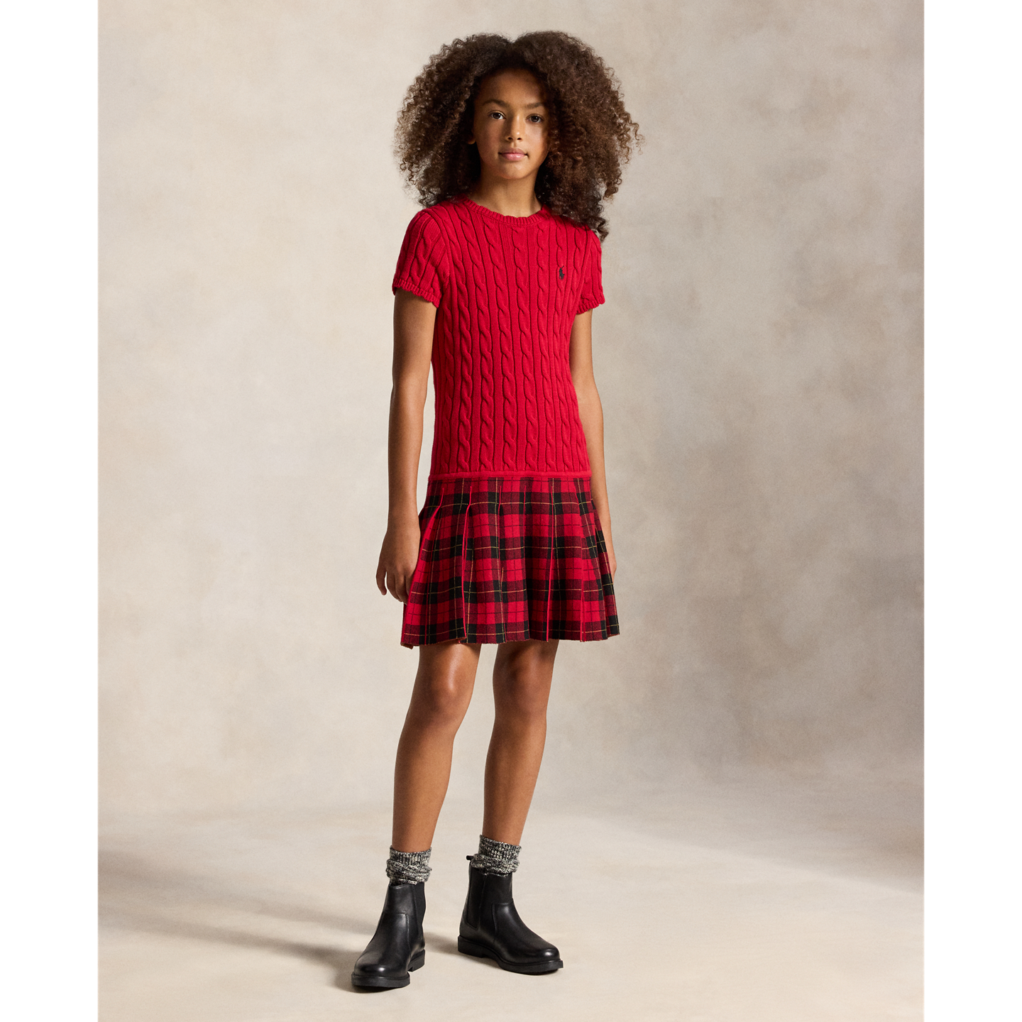 Детское платье Ralph Lauren Plaid-Skirt Cotton Sweater Dress, цвет: Красный разноцветный — фото 4
