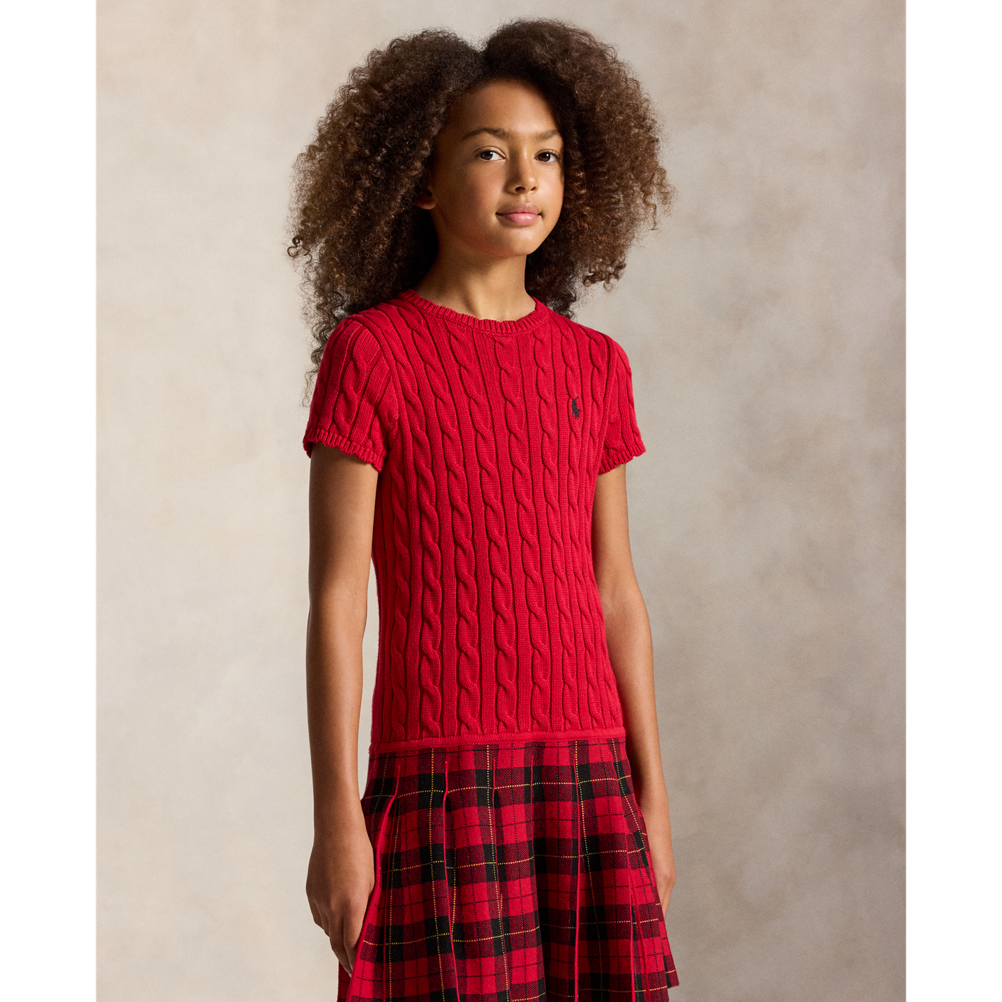 Детское платье Ralph Lauren Plaid-Skirt Cotton Sweater Dress, цвет: Красный разноцветный — фото 2