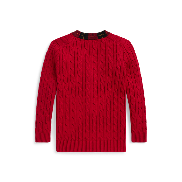 Plaid-Trim Cable-Knit Cotton Cardigan