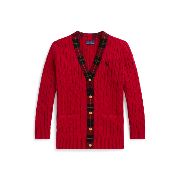 Plaid-Trim Cable-Knit Cotton Cardigan