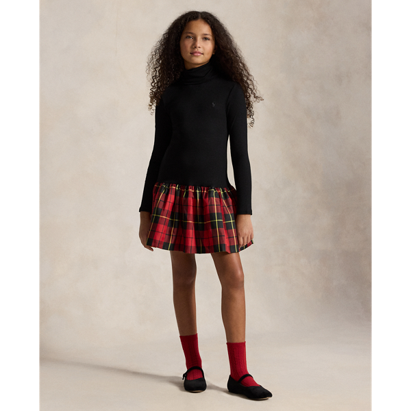 Plaid-Skirt Turtleneck Dress