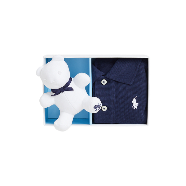 Refined Navy Cotton Mesh Polo Shirt & Bear Gift Box Baby Boy 1