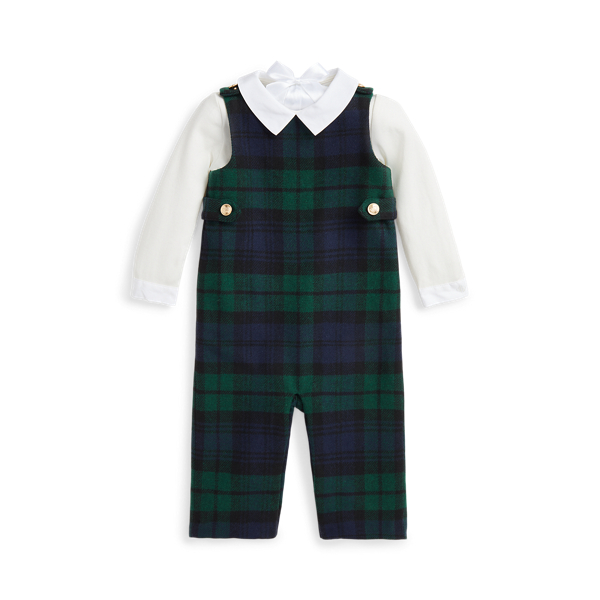 Interlock Bodysuit & Plaid Overall Set