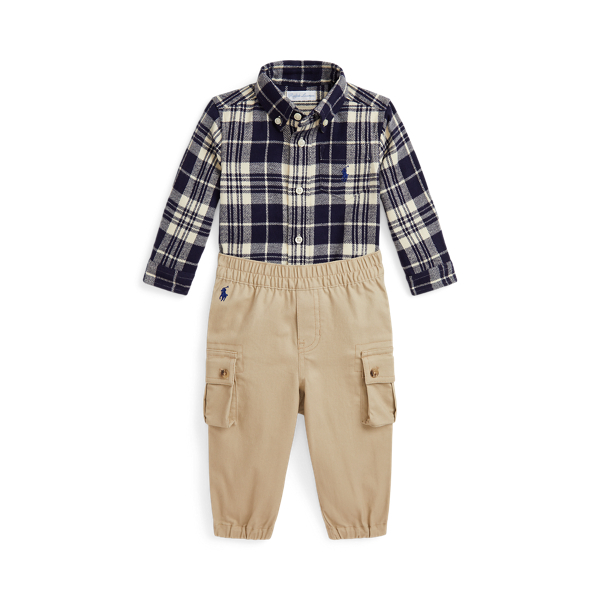 Cream/Dark Navy Plaid Shirt & Stretch Cargo Pant Set Baby Boy 1