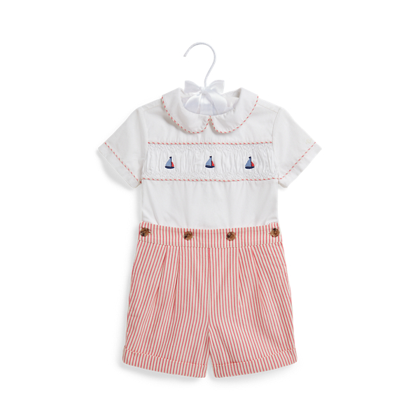 Chemise en coton smocké et short rayé