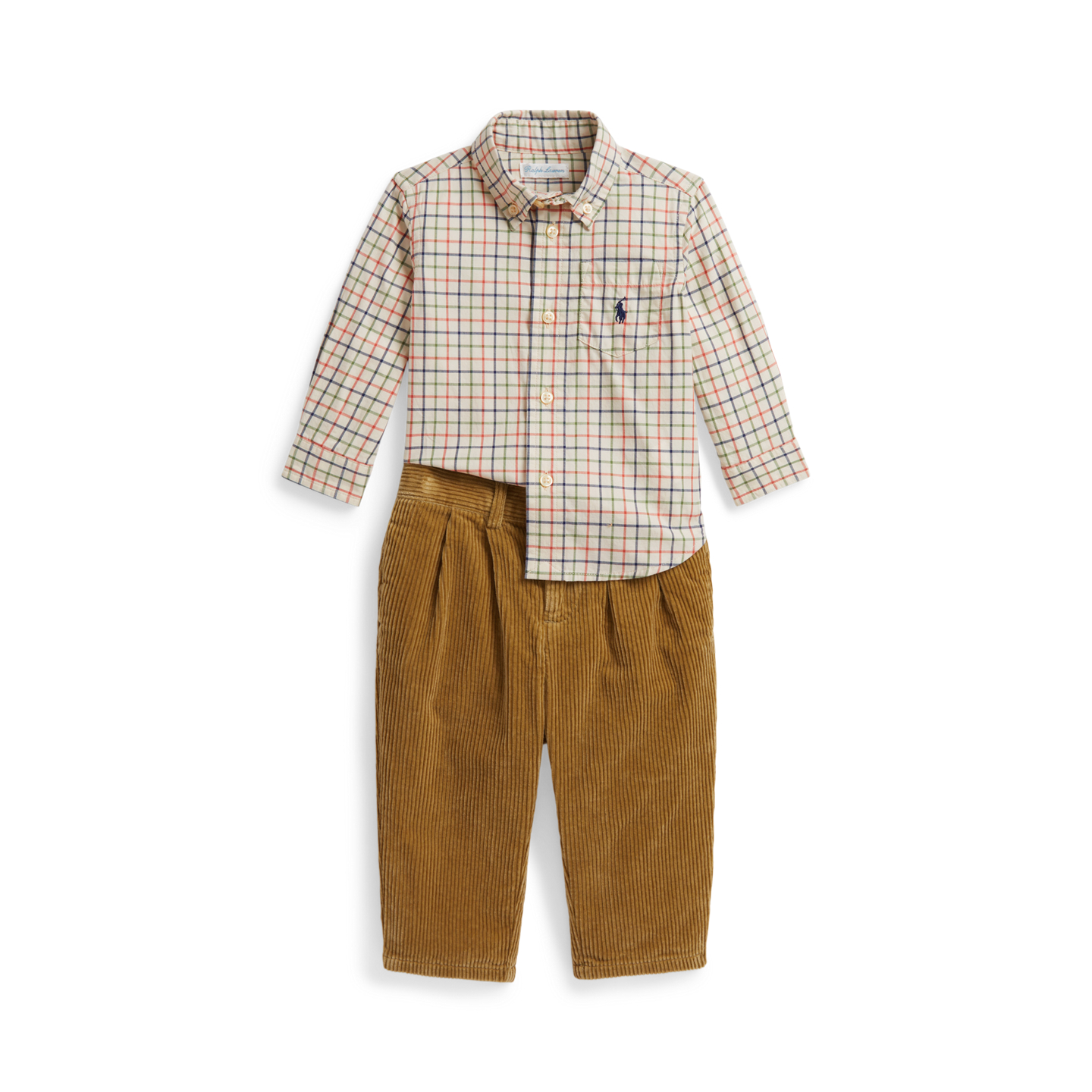 Детские комплекты Ralph Lauren Tattersall Cotton Shirt & Corduroy Pant, цвет: Кремовый тёмно-зелёный разноцветный — фото 2