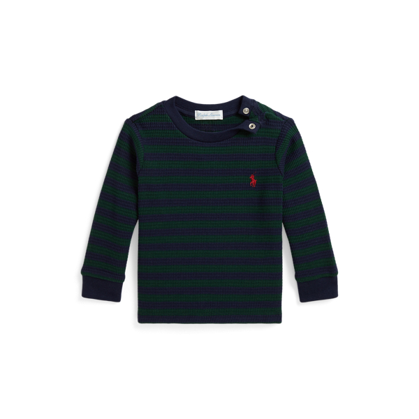 ストライプド ワッフルニット コットン Tシャツ