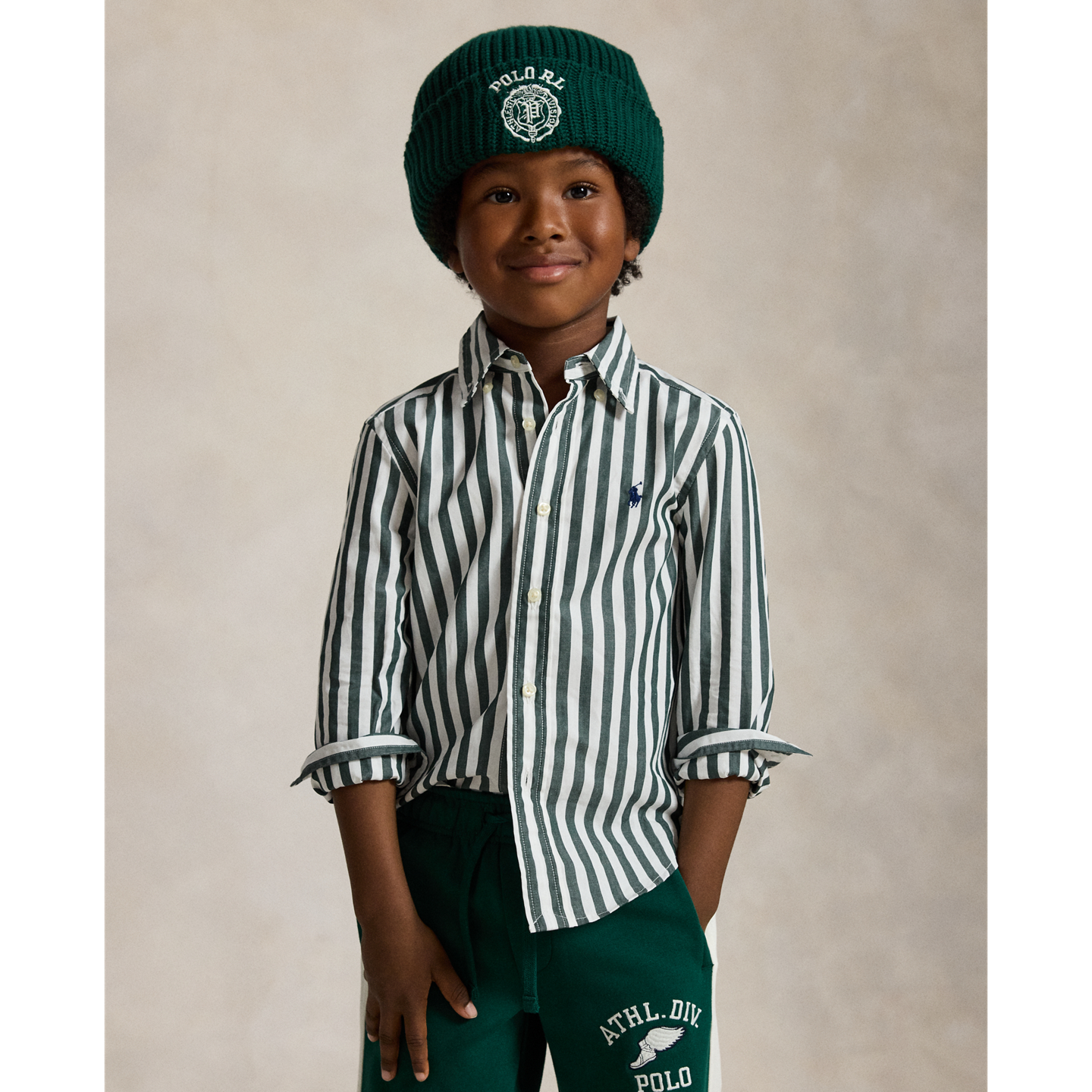Детская рубашка Ralph Lauren Striped Cotton Poplin, цвет: Зелёный / Белый — фото 4