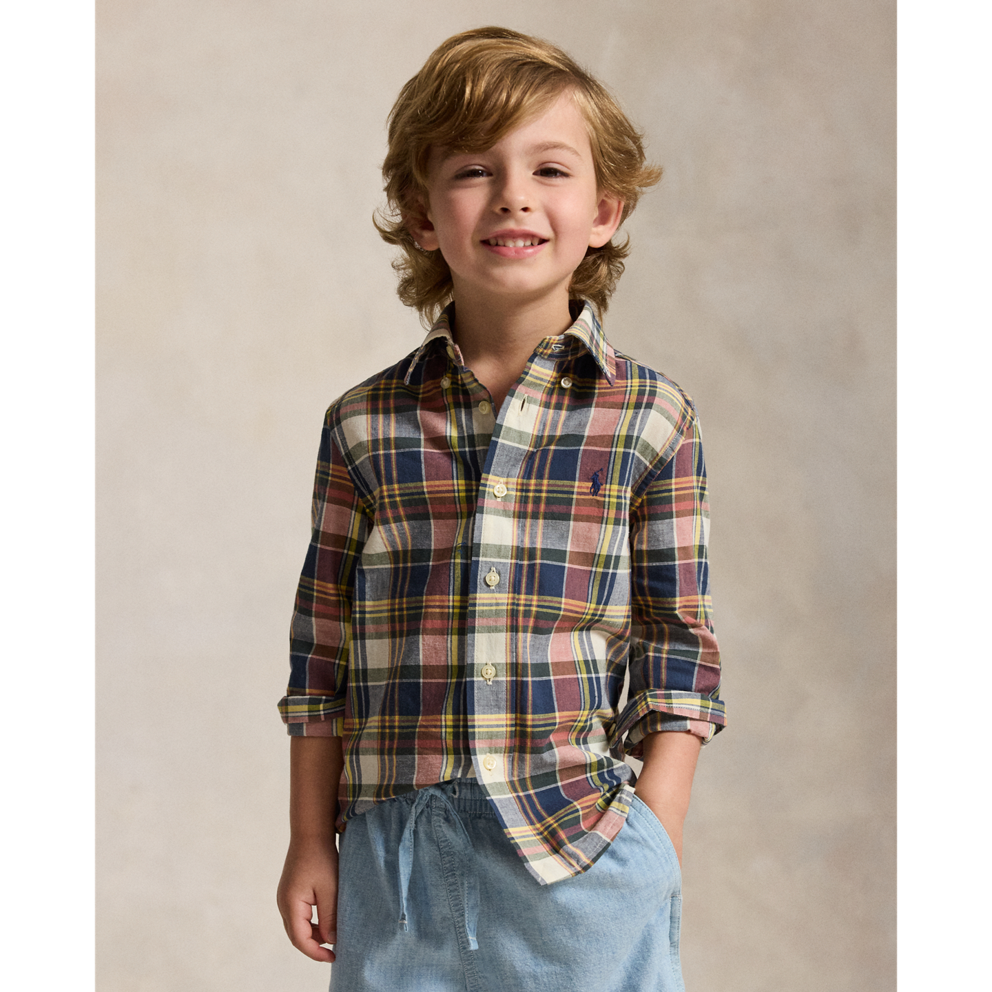 Детская рубашка Ralph Lauren Plaid Cotton Madras, цвет: Тёмно-синий / Жёлтый разноцветный — фото 4