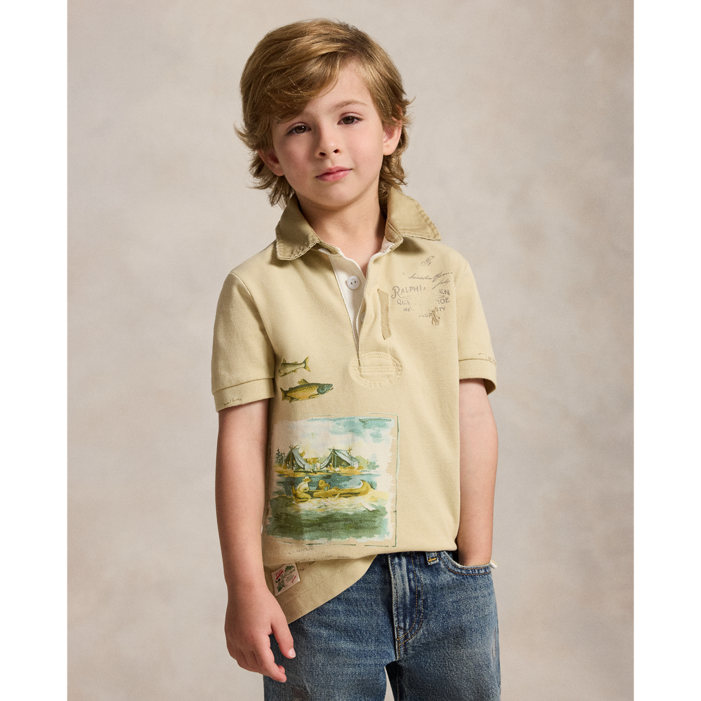 Детская рубашка Ralph Lauren Scenic-Print Mesh Rugby, цвет: Кремовый — фото 4