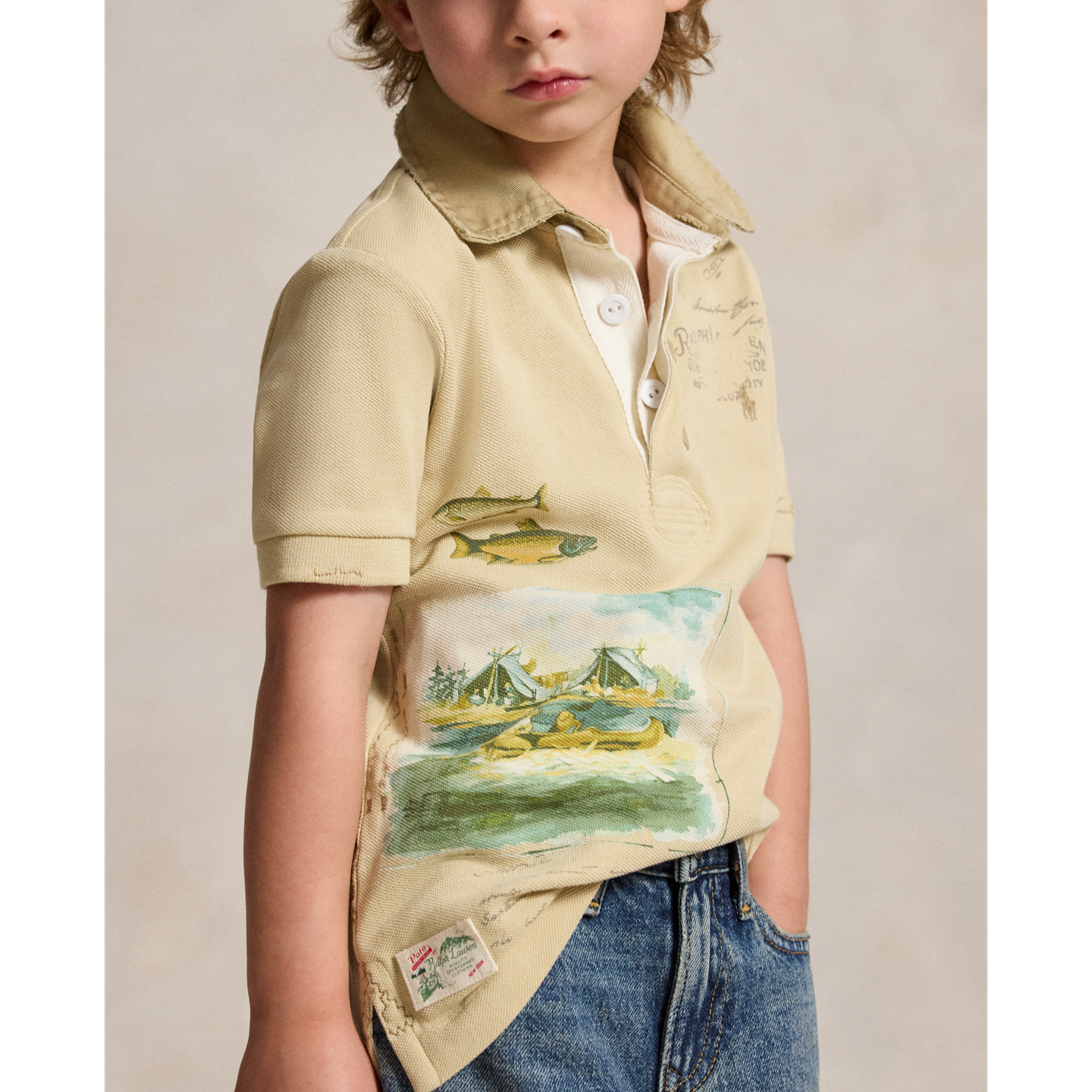 Детская рубашка Ralph Lauren Scenic-Print Mesh Rugby, цвет: Кремовый — фото 3