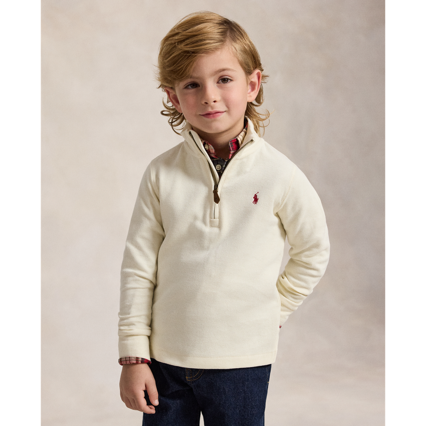 Детский свитер Ralph Lauren Estate-Rib Quarter-Zip Pullover, цвет: Кремовый — фото 4