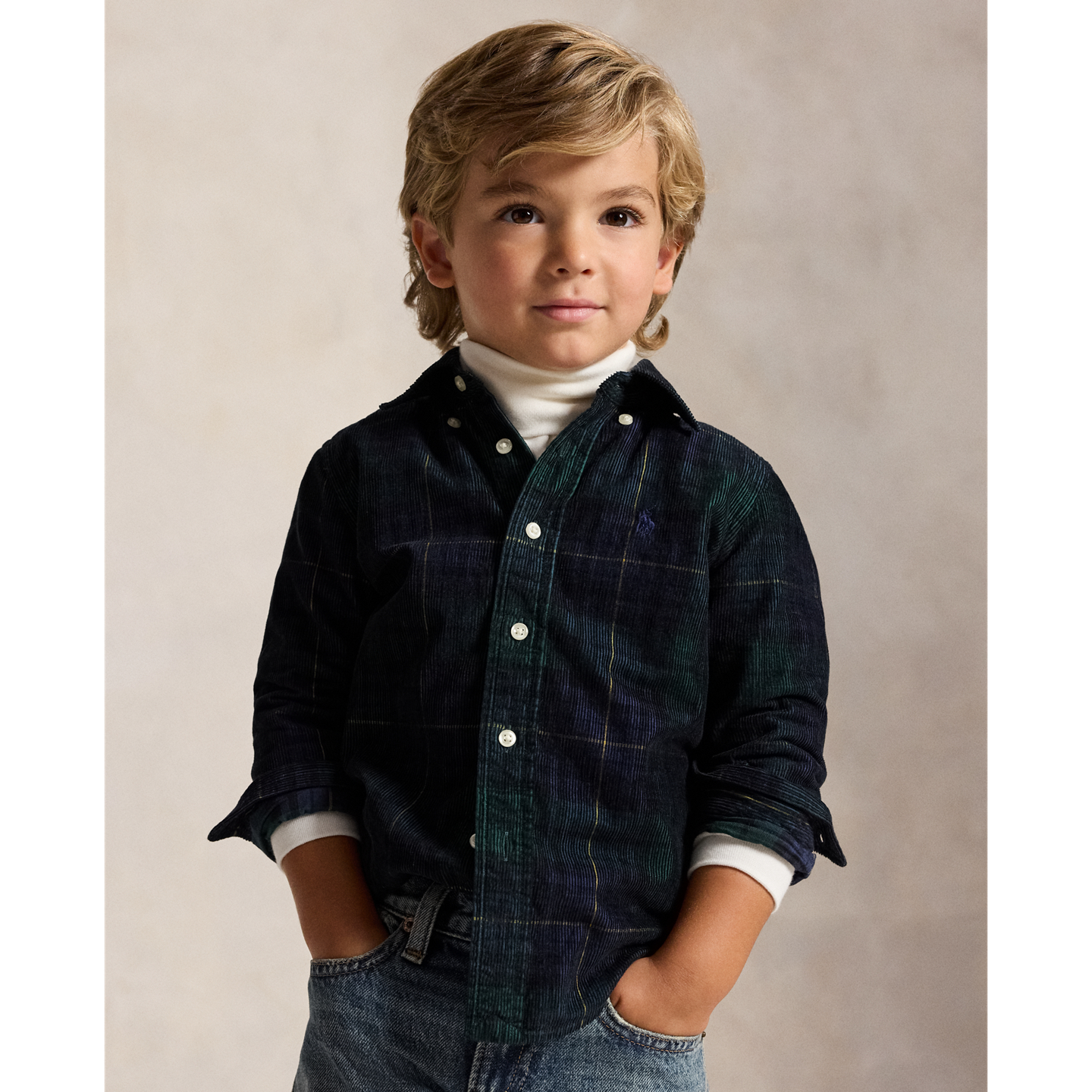 Детская рубашка Ralph Lauren Plaid Cotton Corduroy, цвет: Тёмно-синий золотой разноцветный — фото 4