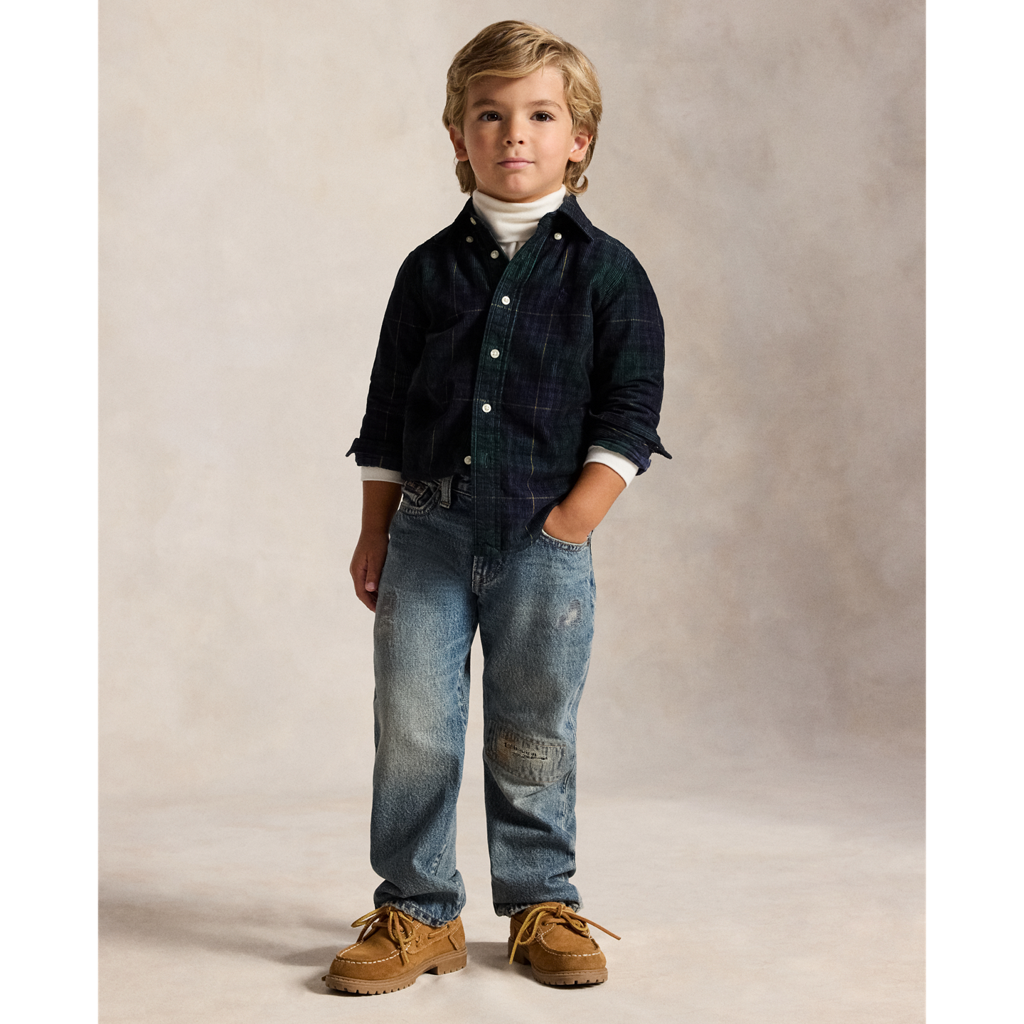 Детская рубашка Ralph Lauren Plaid Cotton Corduroy, цвет: Тёмно-синий золотой разноцветный — фото 2