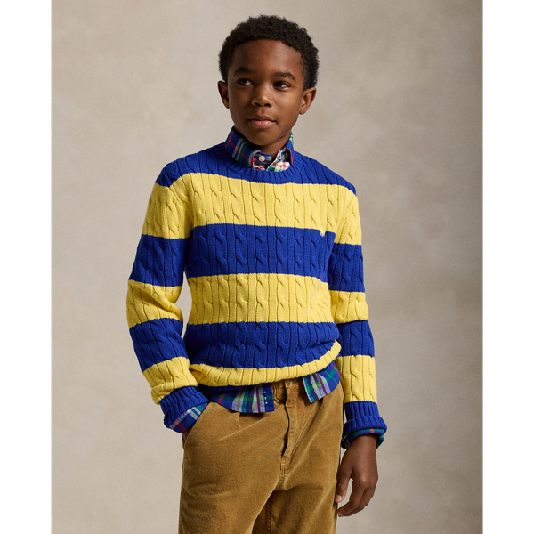 Classic Azure/collegiate Striped Cable-Knit Cotton Sweater Boys 8-20 1