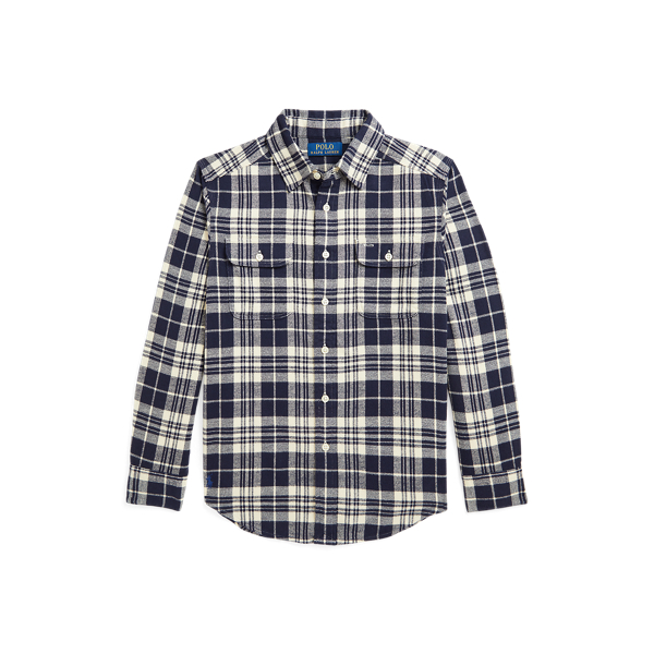 Cream/Dark Navy Plaid Cotton Flannel Workshirt Boys 8-20 1