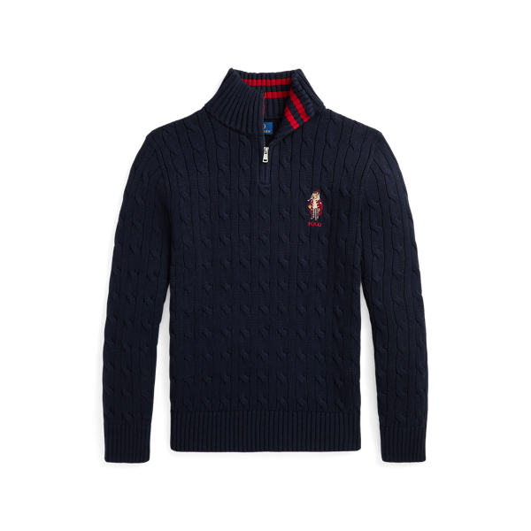 RL Navy/RL2000 Red Polo Bear Cable-Knit Cotton Sweater Boys 8-20 1