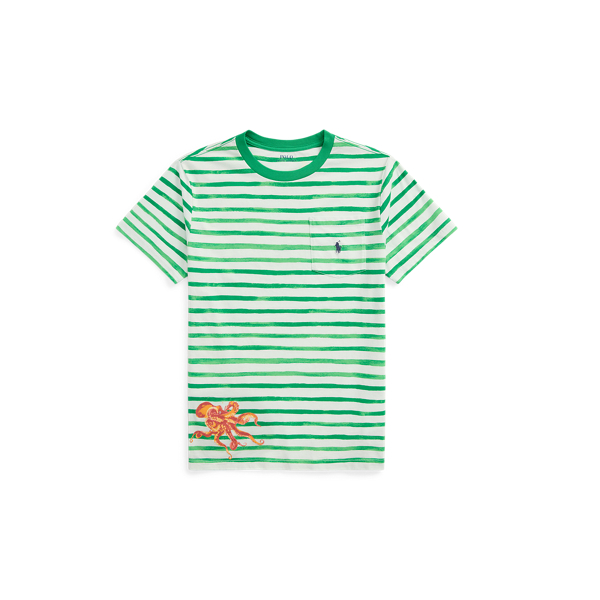 Striped Octopus-Print Cotton Pocket Tee