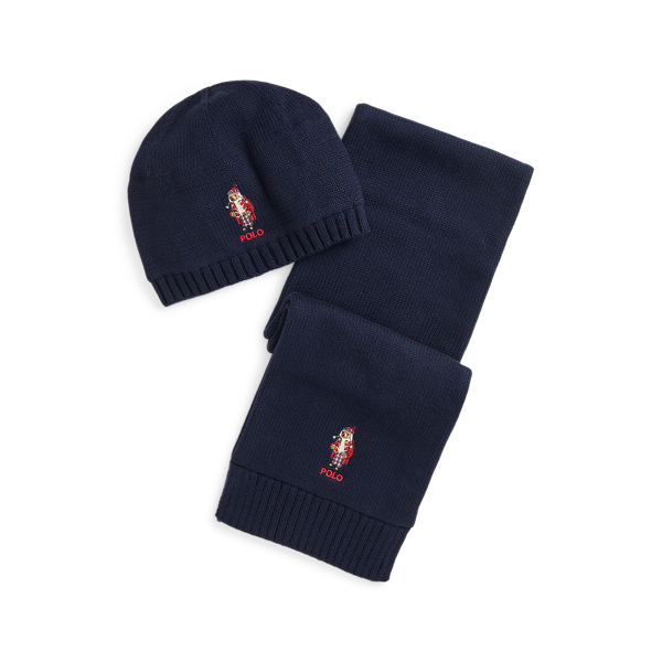 Polo Bear Cotton Blend Hat Scarf Set