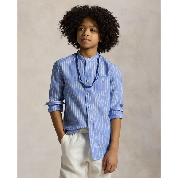 Blue White Chemise en lin rayé Boys 6-14 Years 1