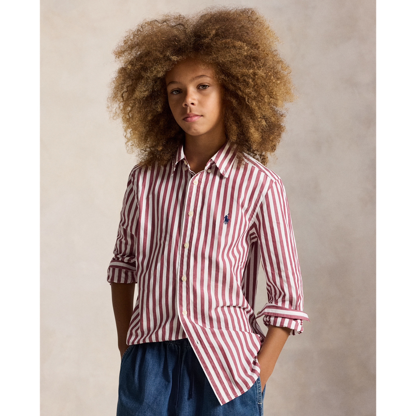 Детская рубашка Ralph Lauren Striped Cotton Poplin, цвет: Бордовый белый — фото 4