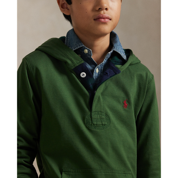 Plaid-Trim Hooded Rugby Shirt