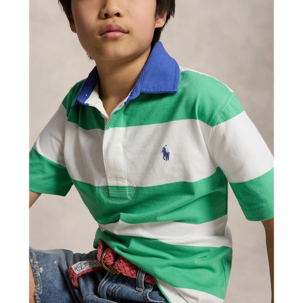 Plato Green/White Striped Cotton Short-Sleeve Rugby Shirt Boys 8-20 5