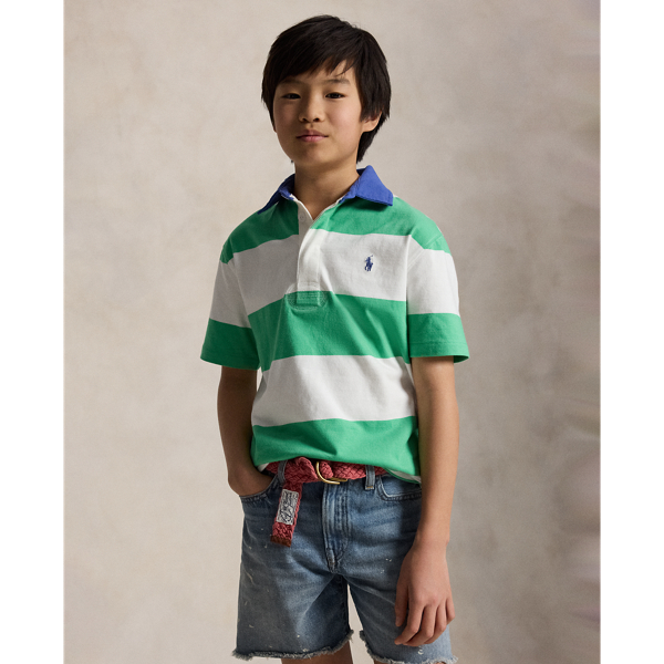Plato Green/White Striped Cotton Short-Sleeve Rugby Shirt Boys 8-20 6