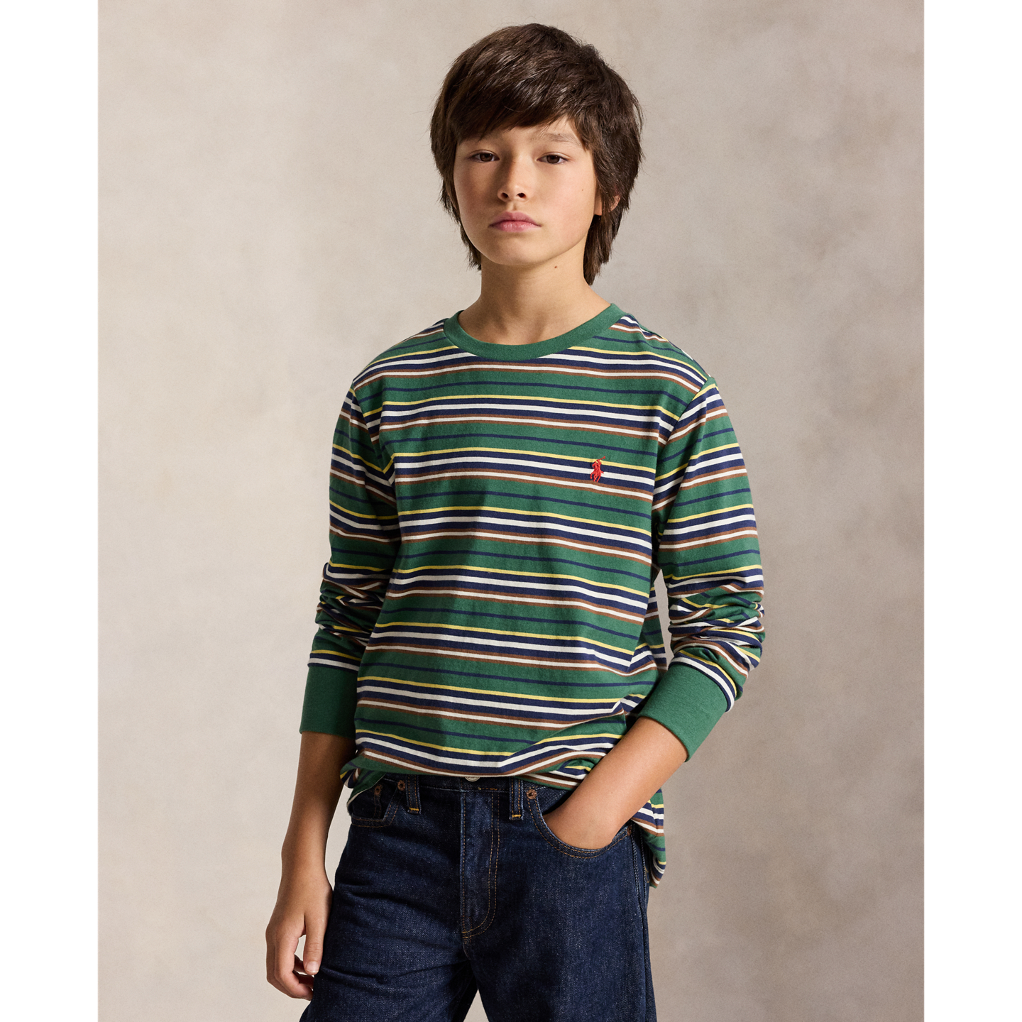 Детская футболка Ralph Lauren Striped Cotton Long-Sleeve, цвет: Зелёный разноцветный — фото 4