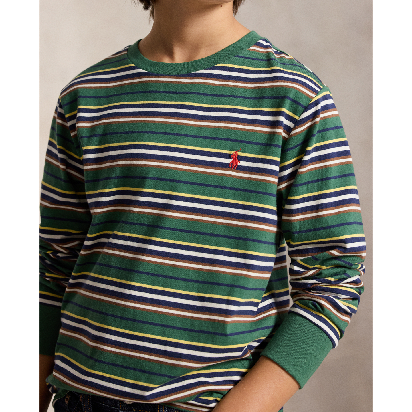 Детская футболка Ralph Lauren Striped Cotton Long-Sleeve, цвет: Зелёный разноцветный — фото 3