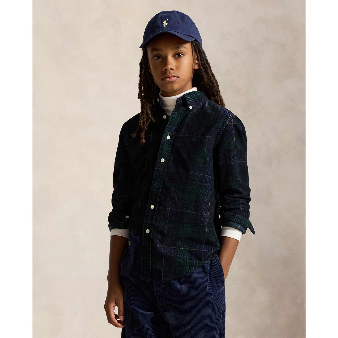 Детская рубашка Ralph Lauren Plaid Cotton Corduroy, цвет: Тёмно-синий золотой разноцветный — фото 4