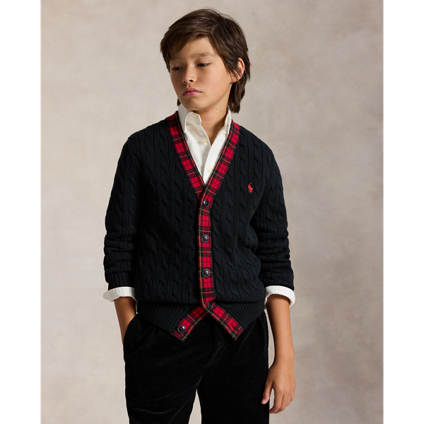 Plaid-Trim Cable Cotton Cardigan