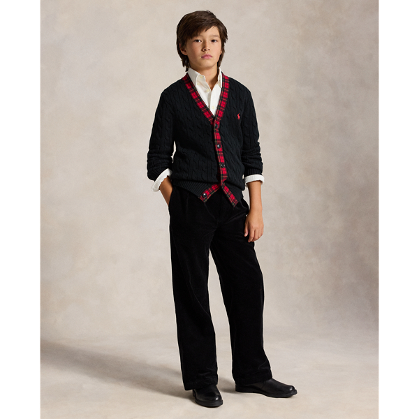 Plaid-Trim Cable Cotton Cardigan