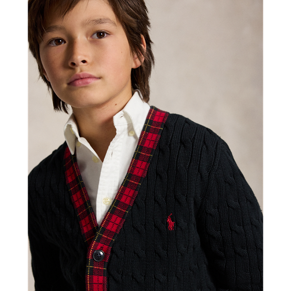 Plaid-Trim Cable Cotton Cardigan