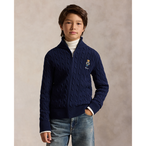 Polo Bear Cable Cotton Full-Zip Sweater