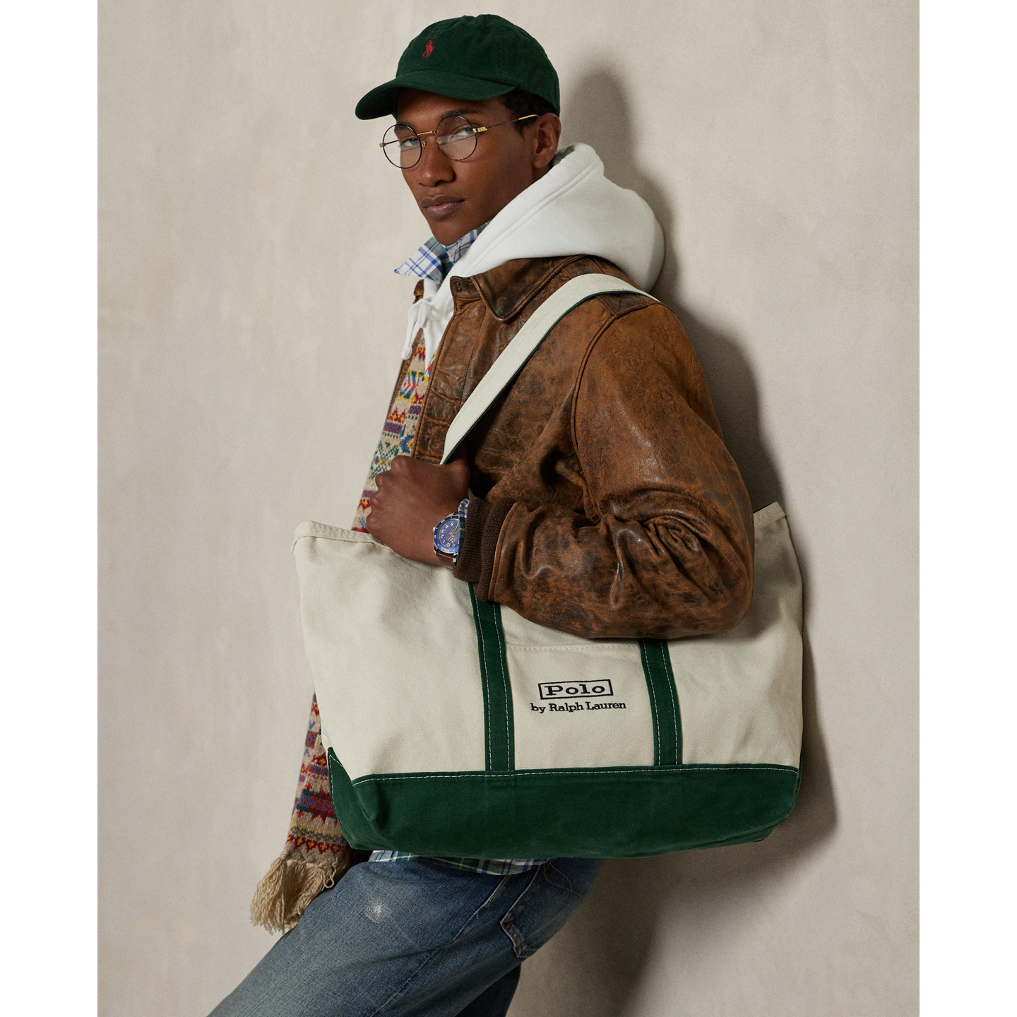 Мужская сумка Ralph Lauren Logo Canvas Medium Tote, цвет: Кремовый / Зелёный — фото 5