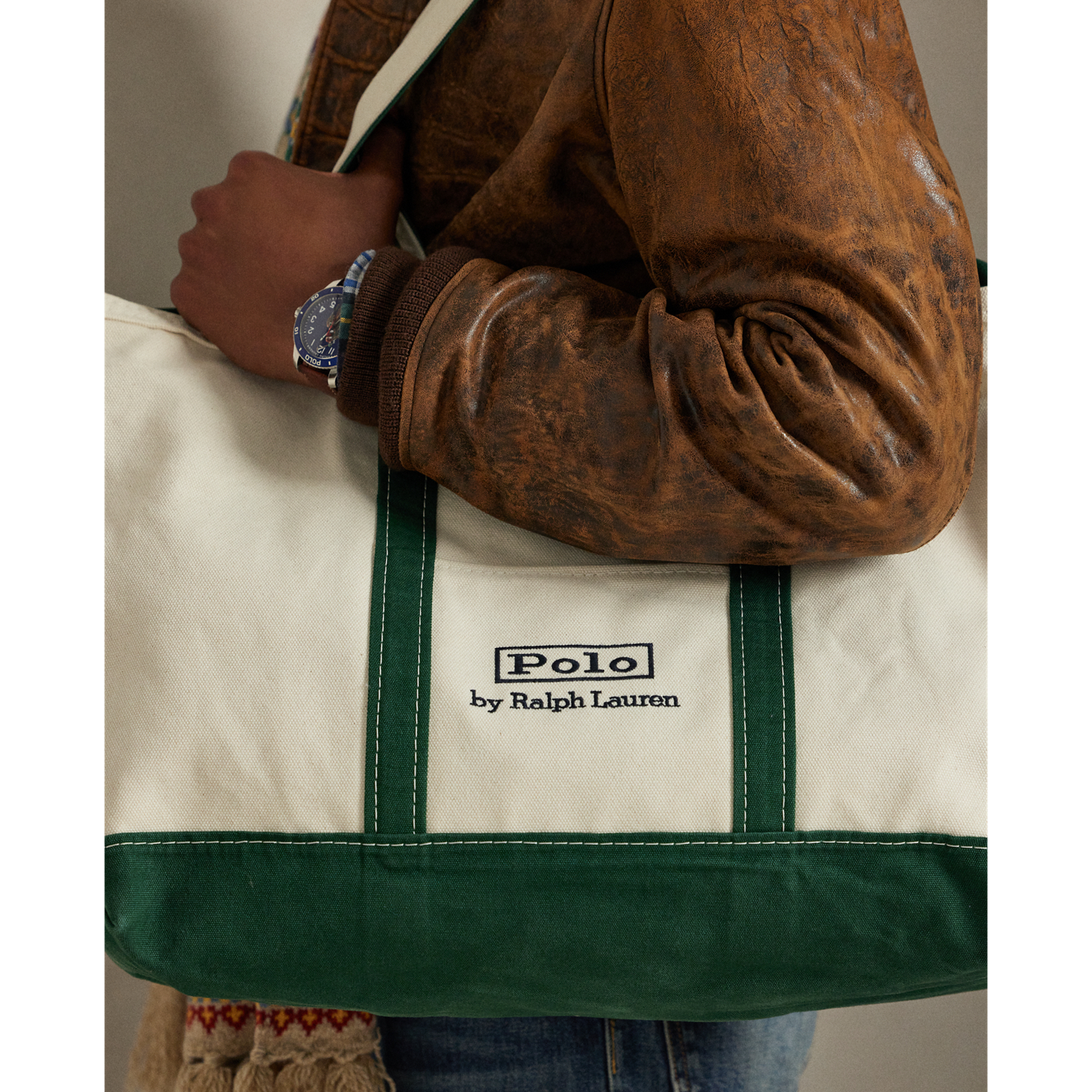 Мужская сумка Ralph Lauren Logo Canvas Medium Tote, цвет: Кремовый / Зелёный — фото 6
