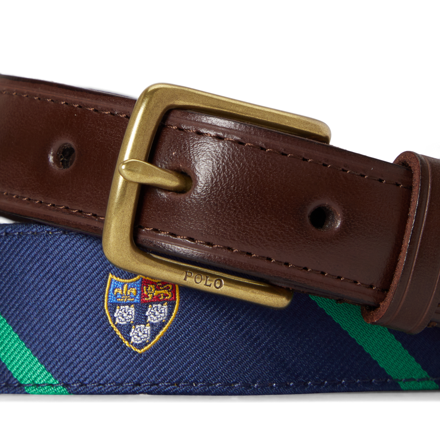 Мужской ремень Ralph Lauren Leather-Trim Silk Jacquard, цвет: Тёмно-синий / Зелёный — фото 1