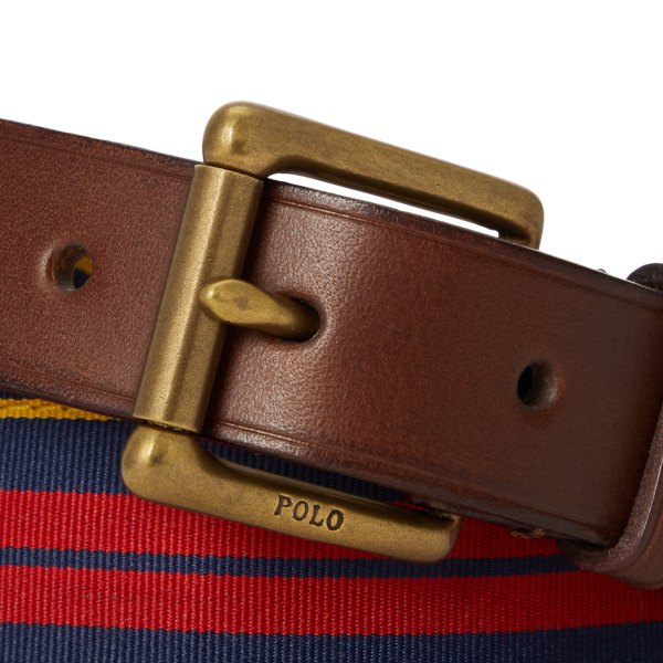 Navy/Red/Gold Leather-Trim Striped Grosgrain Belt Polo Ralph Lauren 2