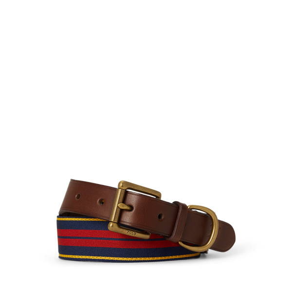 Navy/Red/Gold Leather-Trim Striped Grosgrain Belt Polo Ralph Lauren 1