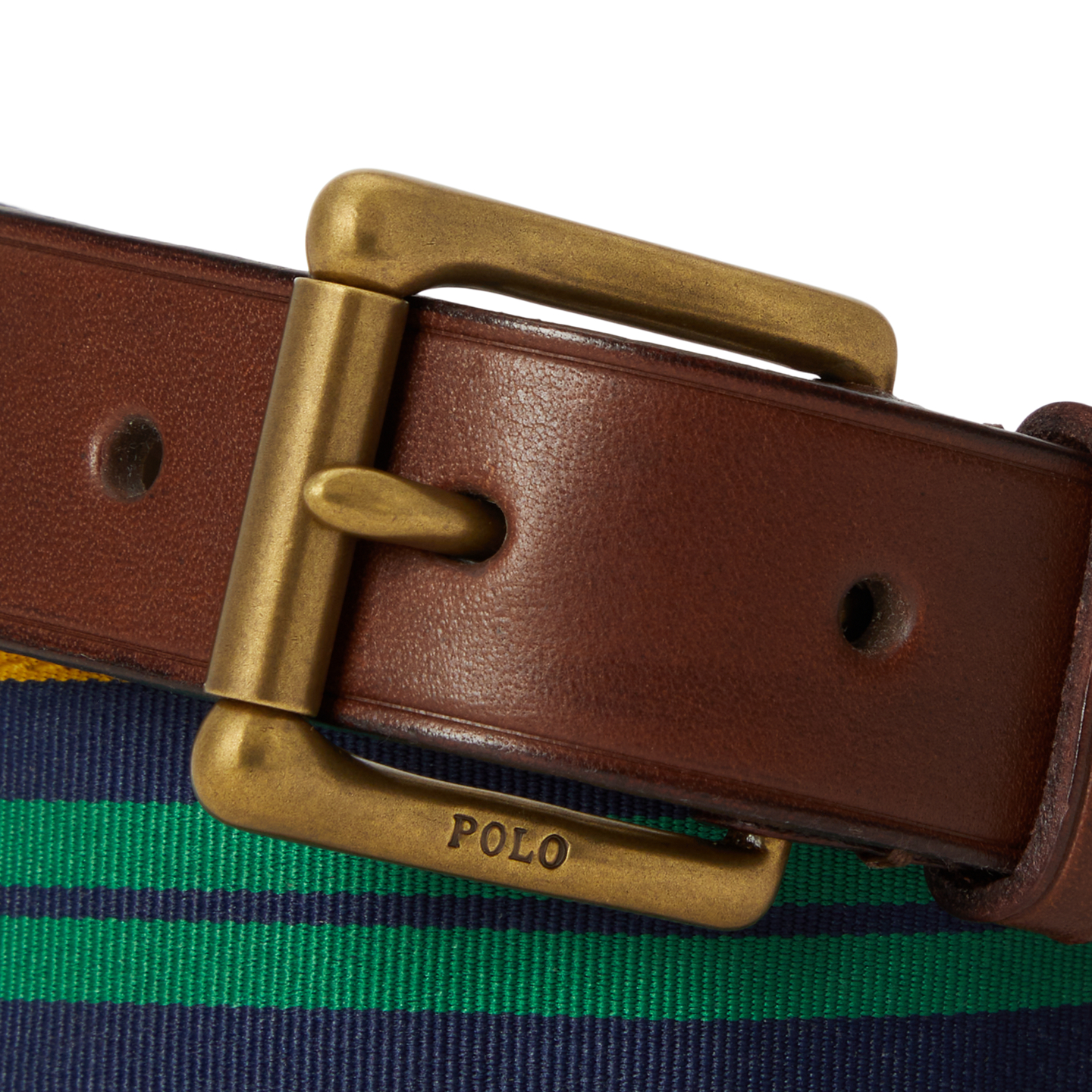 Мужской ремень Ralph Lauren Leather-Trim Striped Grosgrain, цвет: Тёмно-синий / Зелёный — фото 1