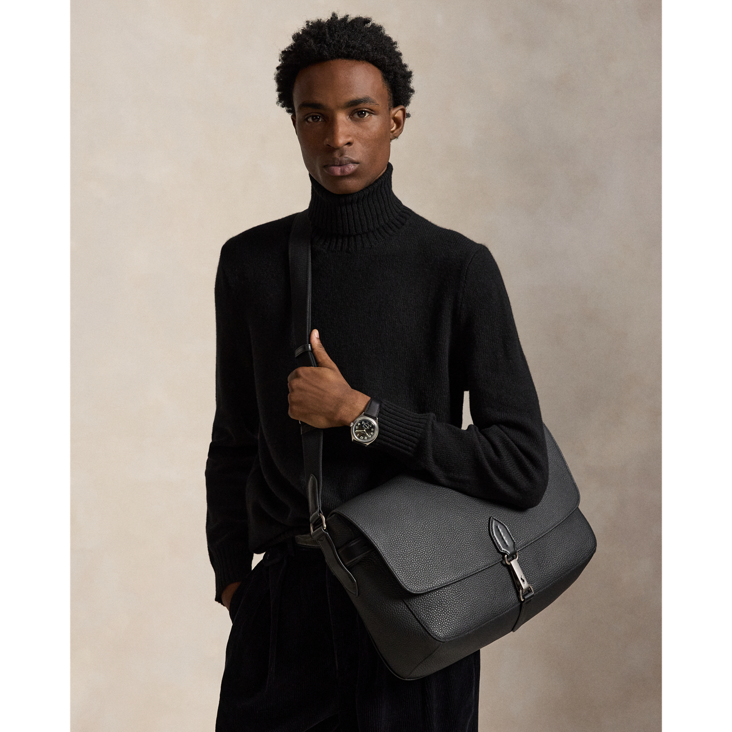 Мужская сумка Ralph Lauren Polo ID Pebbled Leather Messenger, цвет: Чёрный — фото 4